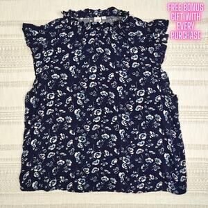 Gap Blue Floral Ruffle Neck Tank Top Size XL Sleeveless Lightweight